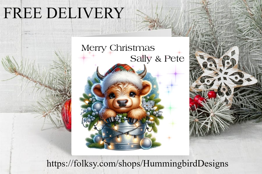 Personalized Cute Highland Cow Christmas Card. Design 1. Free Postage