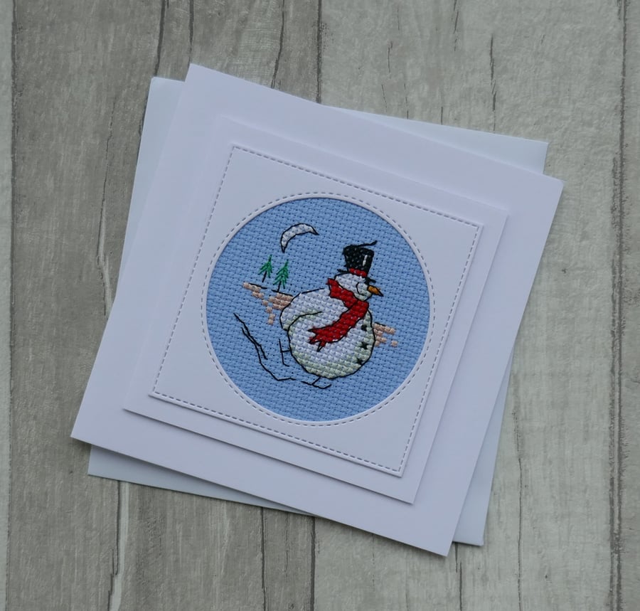 Cross Stitch Skating Snowman - Christmas Card