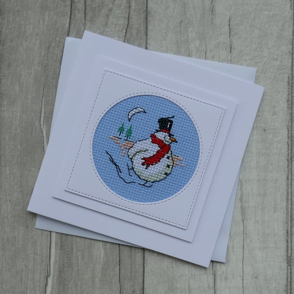 Cross Stitch Skating Snowman - Christmas Card