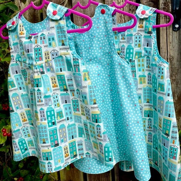 Turquoise Homes and Hearts Reversible Dress - 9-12 months