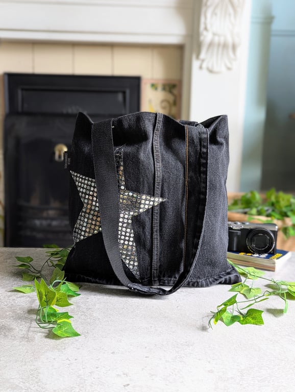 Small Denim Tote Bag. Upcycled Black Denim Shoulder Tote Bag with Silver Star