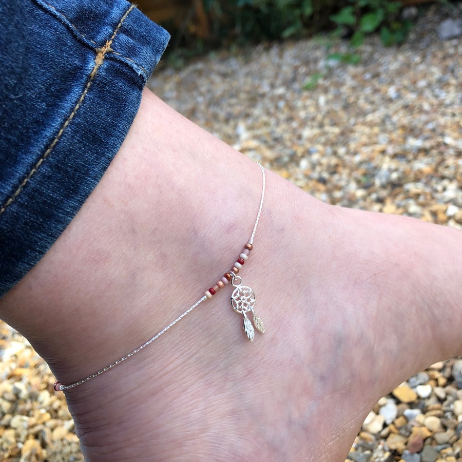 Dream catcher & seed bead floating anklet. Sterling silver. 