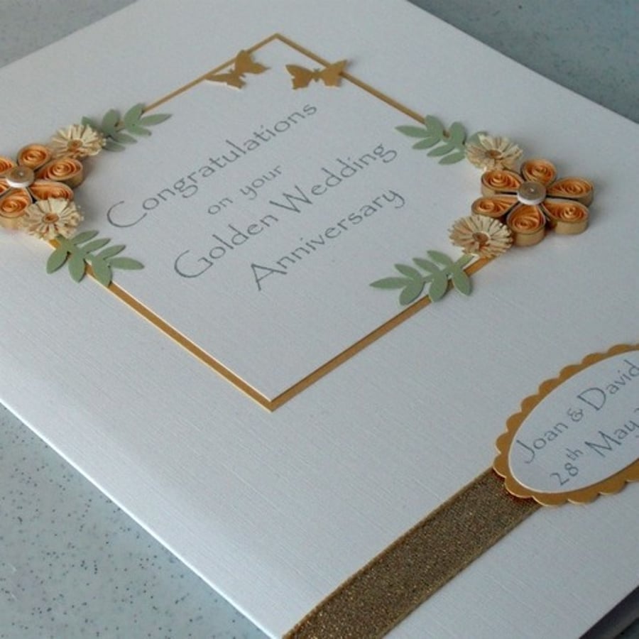 Handmade quilled 50th golden wedding anniversary greeting card, congratulations