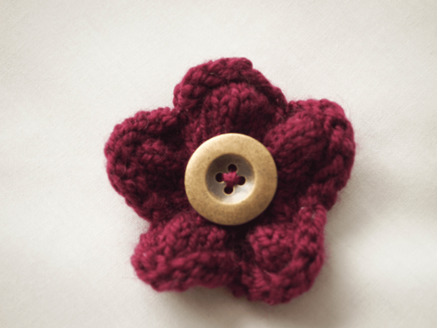 SOLD Hand knitted flower brooch pin -  berry