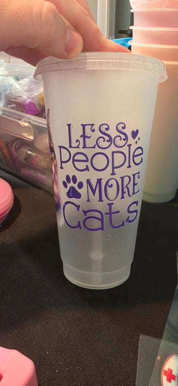 White glitter cold cup with funny cat slogan