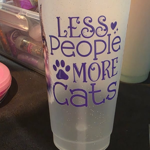 White glitter cold cup with funny cat slogan