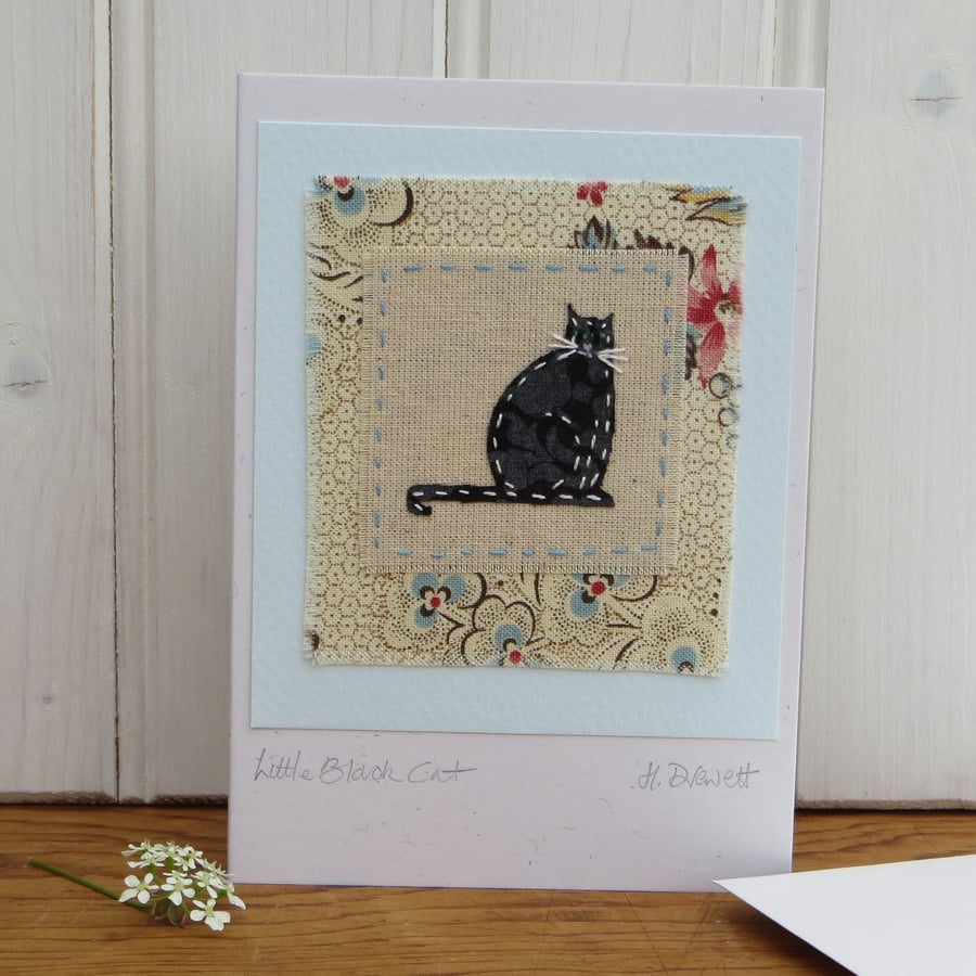 Little Black Cat hand-stitched miniature on card - good luck!