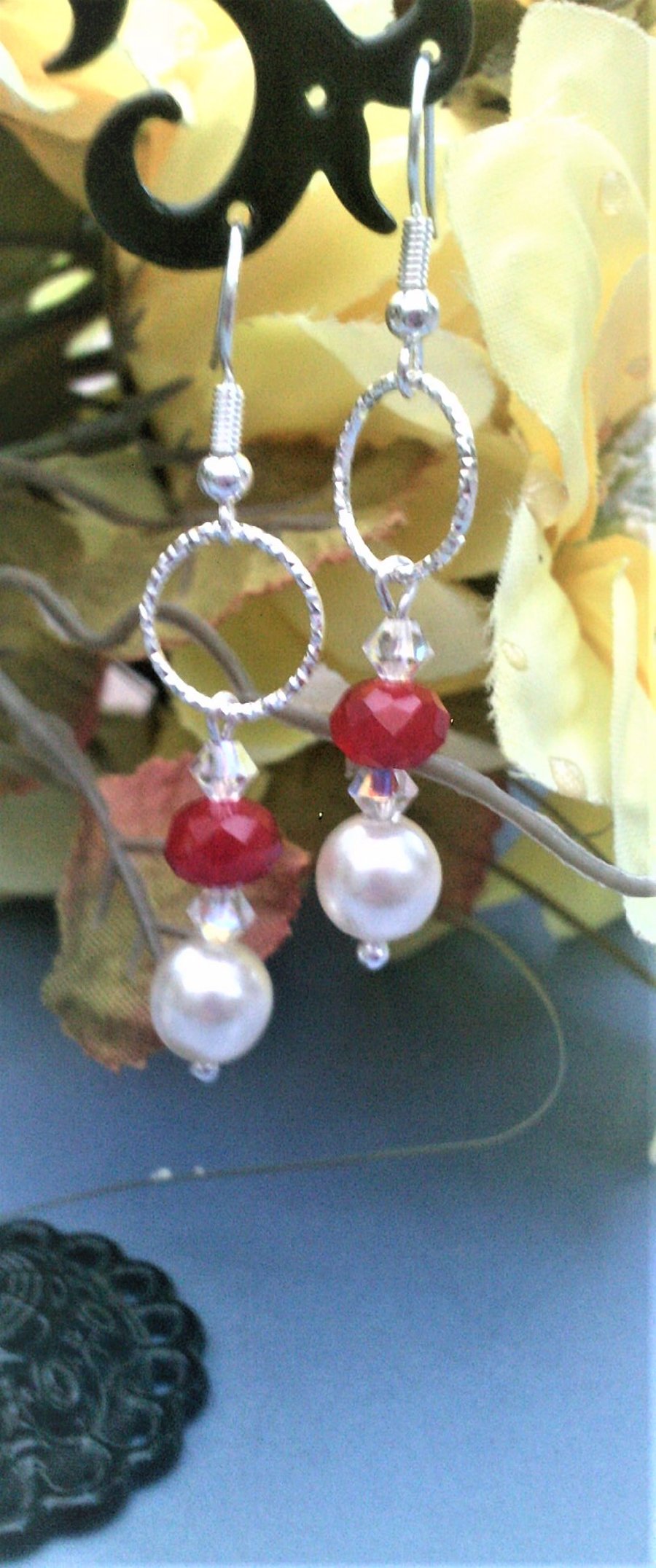 Red & White Crystal Pearl Earrings, Red Crystal Hoop Earrings
