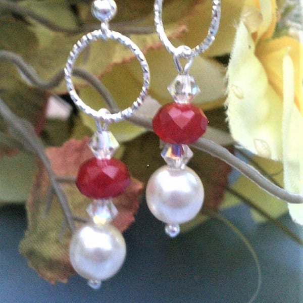 Red & White Crystal Pearl Earrings, Red Crystal Hoop Earrings