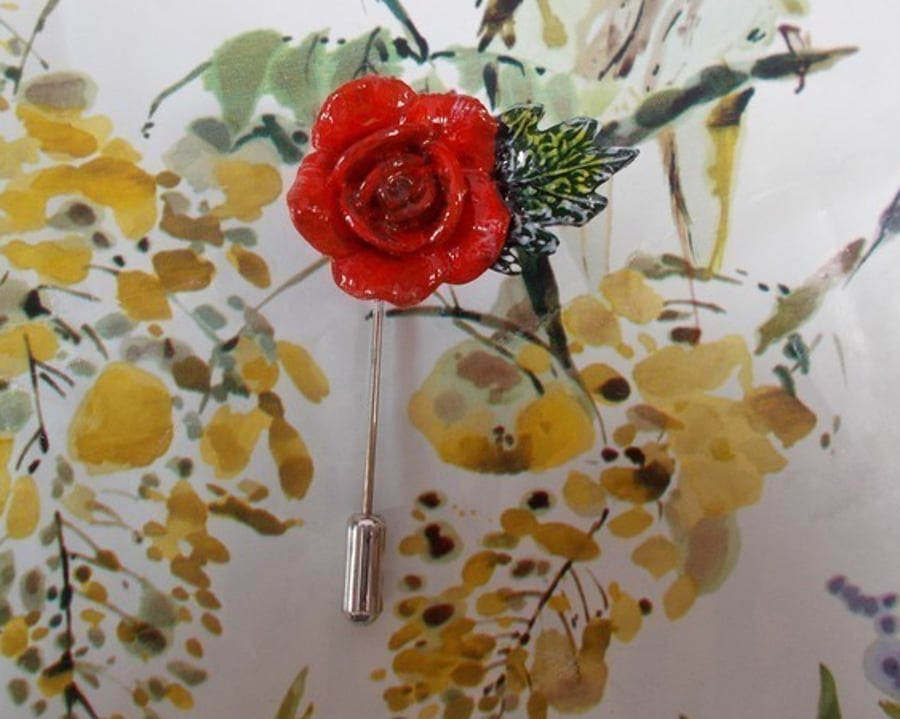 Delicate RED ROSE & LEAF PIN Wedding Love Token Lapel Pin HANDMADE HAND PAINTED