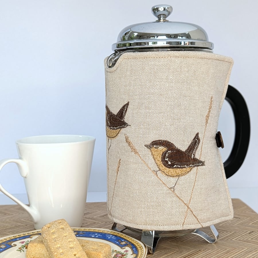 Cafetiere Cosy Wren Nature Freehand Machine Embroidery 