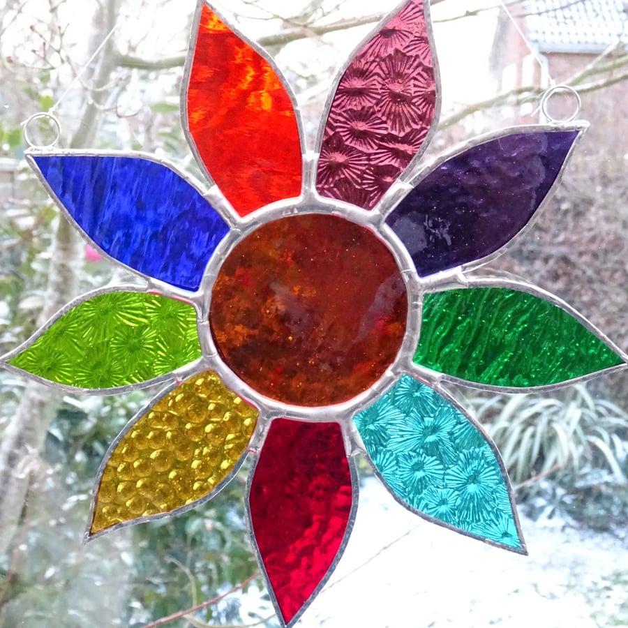 Large Stained Glass Daisy Suncatcher - Handmade Window Decoration - Multi