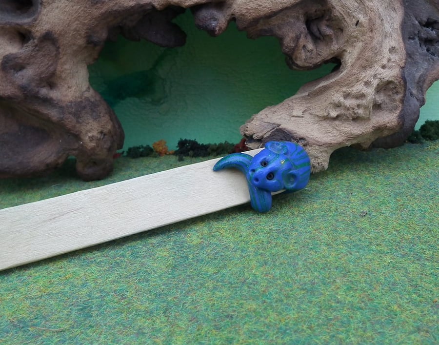 Wooden bookmark with dragon topper OOAK Sculpt Ann Galvin