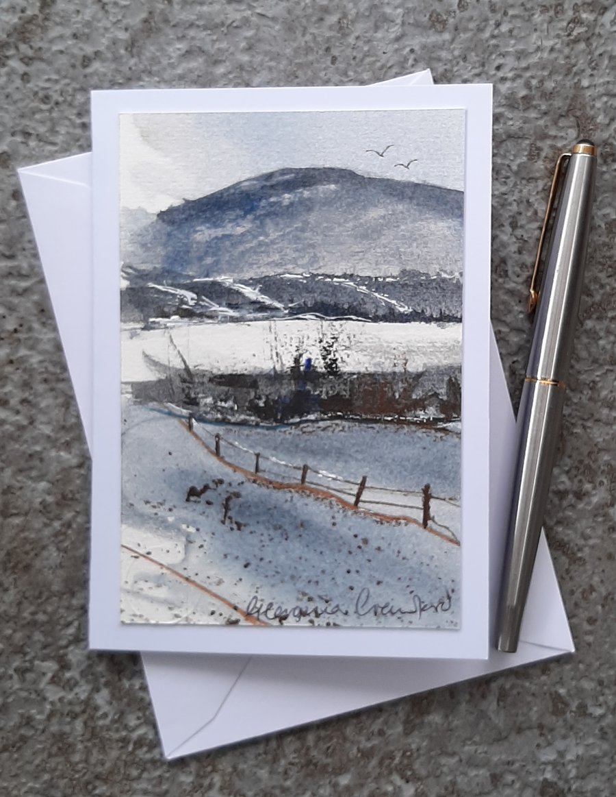 Snowy Fields 1. Handpainted Blank Card. Easter Gift 