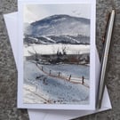 Snowy Fields 1. Handpainted Blank Card.