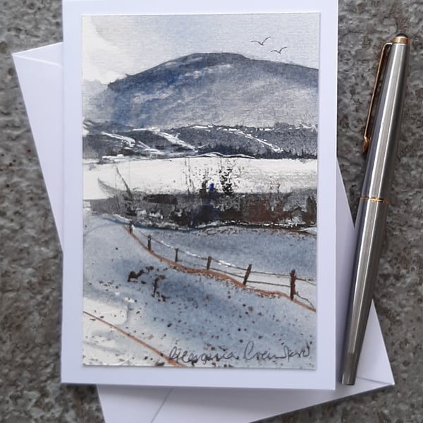 Snowy Fields 1. Handpainted Blank Card.
