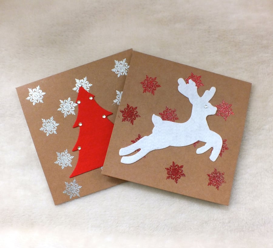 Handmade Pack of 2 Christmas Tree & Leaping Reindeer Cards