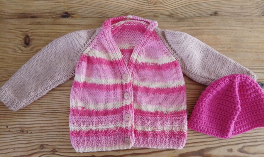 Handmade baby cardigan and hat set. 6-9 months.