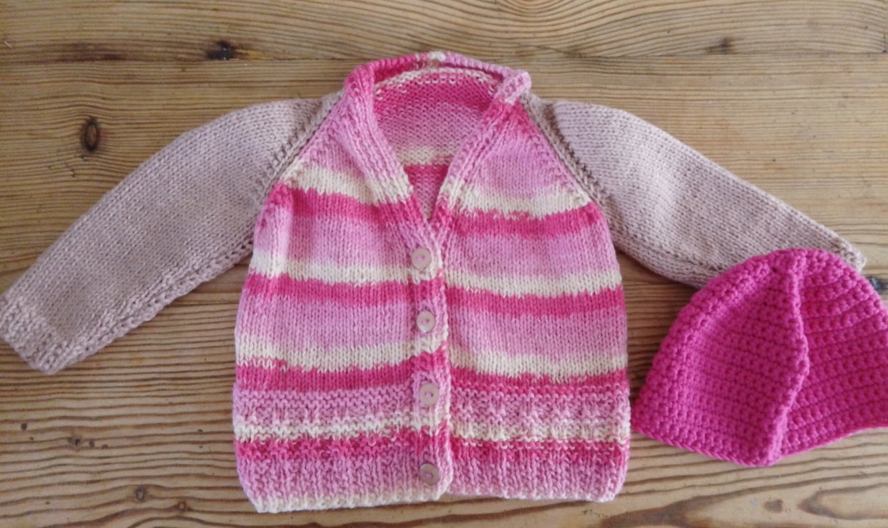 Handmade baby cardigan and hat set. 6-9 months.