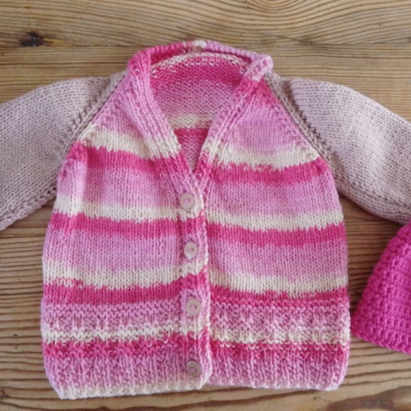 Handmade baby cardigan and hat set. 6-9 months.