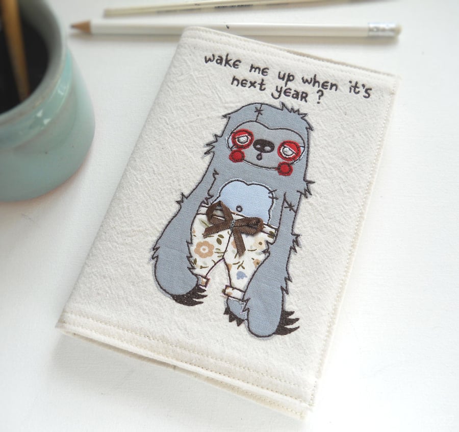freemotion embroidered zombie sloth in pyjamas notebook sketchbook blue