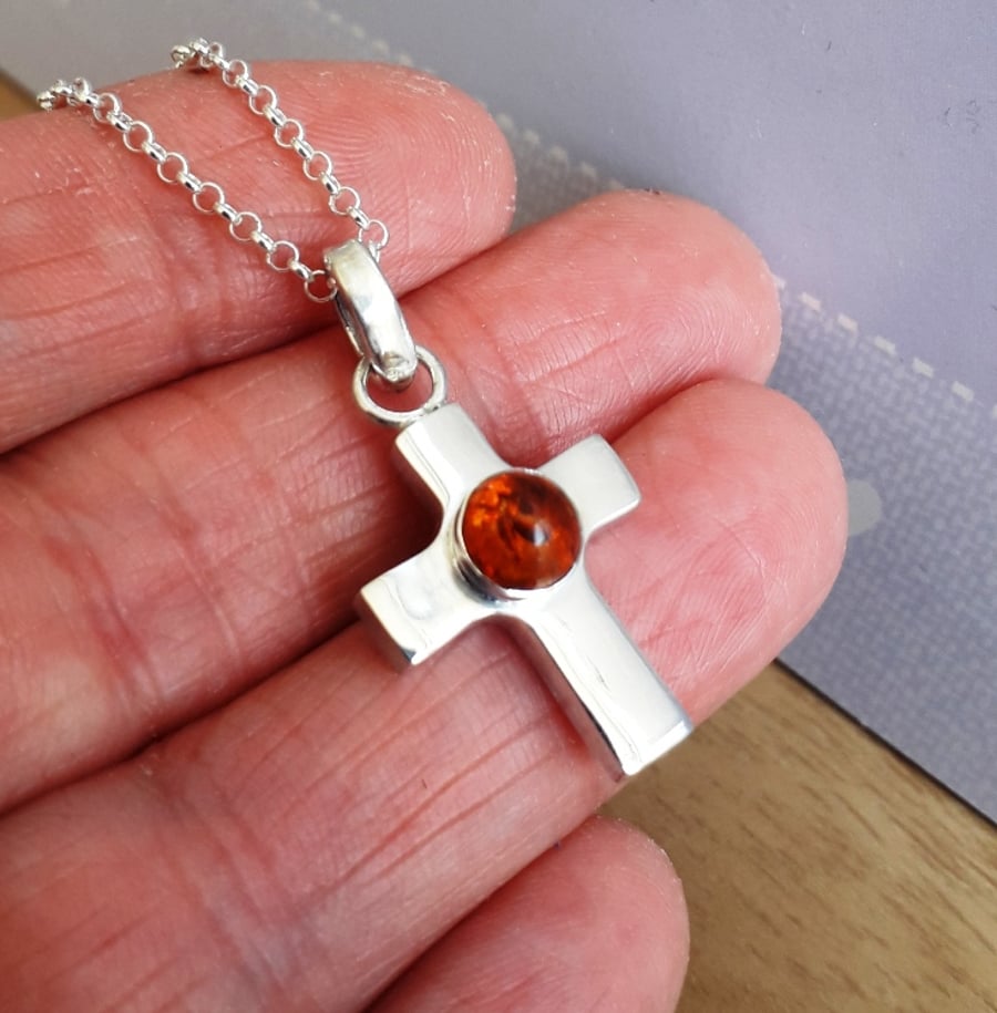 Amber Cross Necklace Sterling Silver Fully Hallmarked