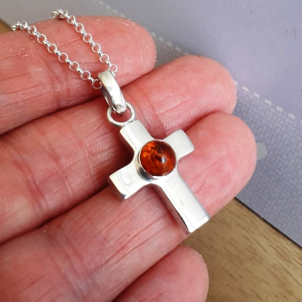 Amber Cross Necklace Sterling Silver Fully Hallmarked