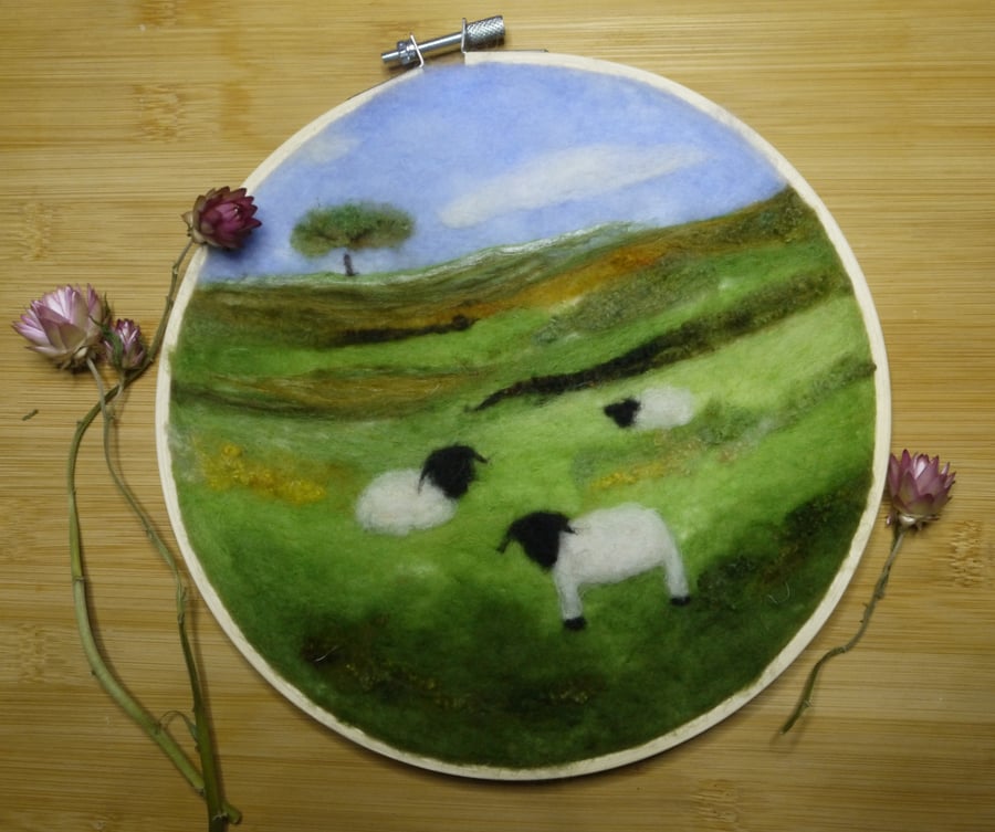 Needle Felted Handmade Country Fields Original Art in Embroidery Hoop