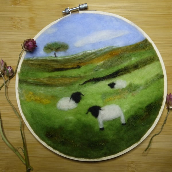 Needle Felted Handmade Country Fields Original Art in Embroidery Hoop