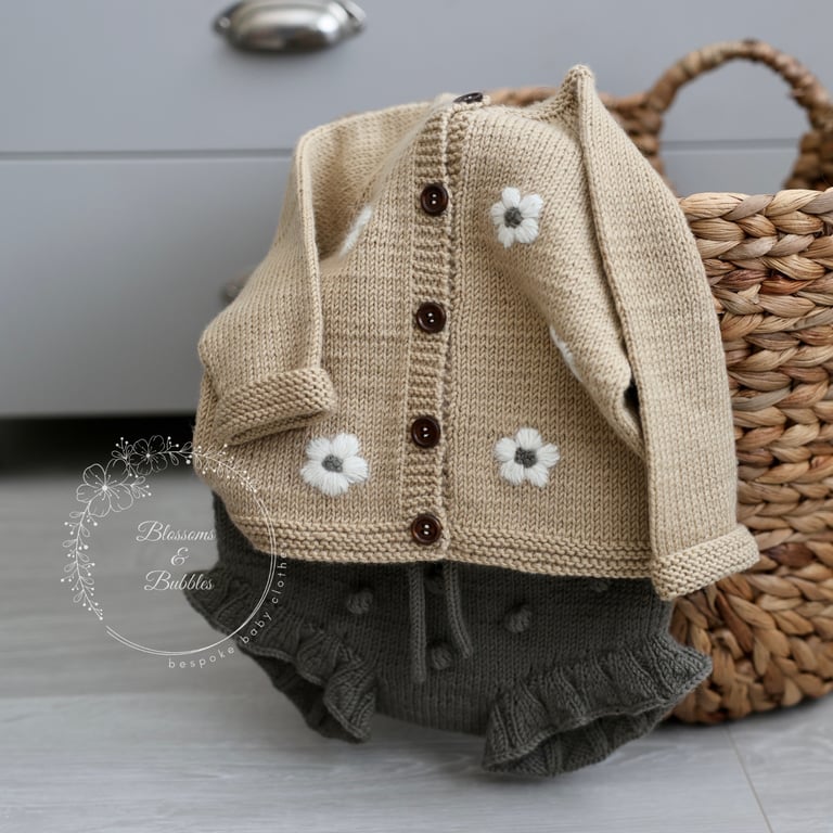 Hand-Knitted Baby Cardigan & Shorts Set. Size 6-9 months 