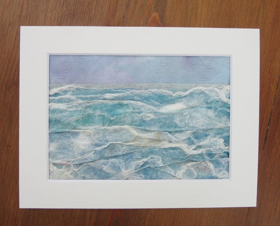 SEA VIEW PICTURE. Ocean sea and waves in blue, turquoise and white silk paper