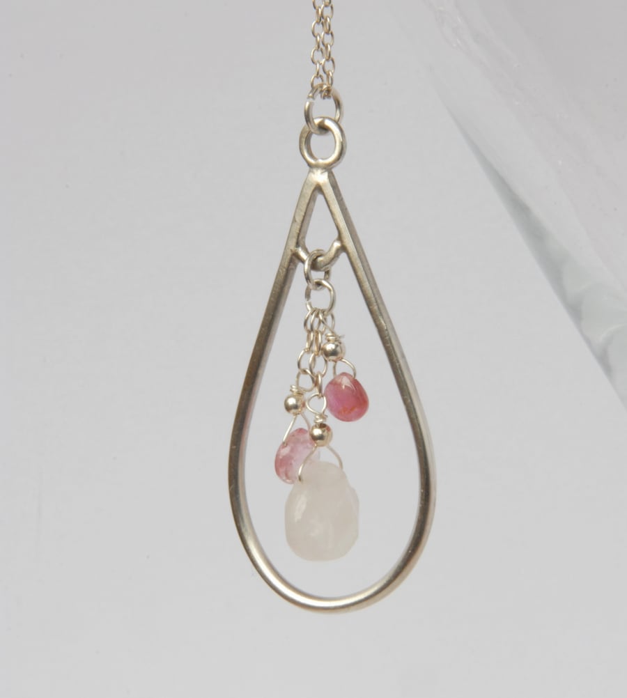 Sterling silver and rose quartz with pink tourmaline drop pendant