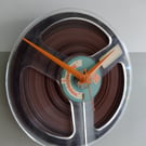 Mid Century Upcycled Orange Clock, Vintage 60s Tape Reel wall art