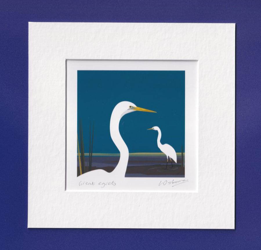 Great egrets - signed and titled bird print