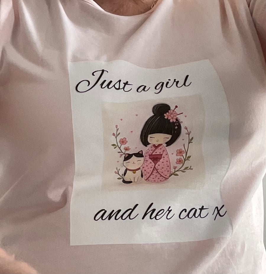 Just a Girl and Her Cat T-Shirt - Pink Organic Cotton - Whimsical Cat Lover Gift