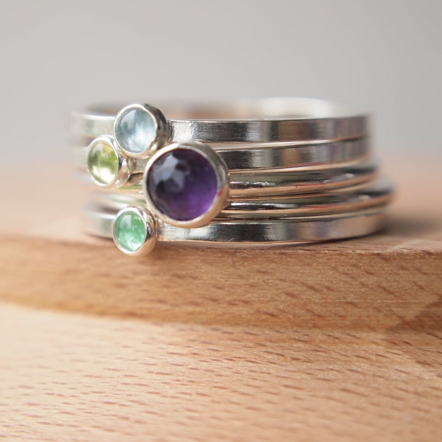 Birthstone Ring Set with Amethyst, Aquamarine, Peridot and Emerald