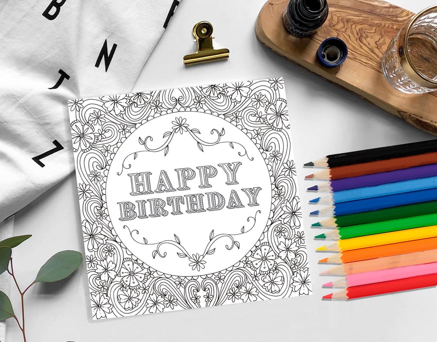 Happy Birthday Colouring Card - Blank card