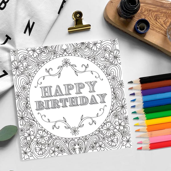 Happy Birthday Colouring Card - Blank card