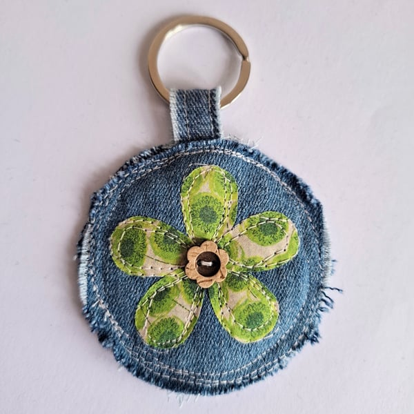 Denim flower keyring - green