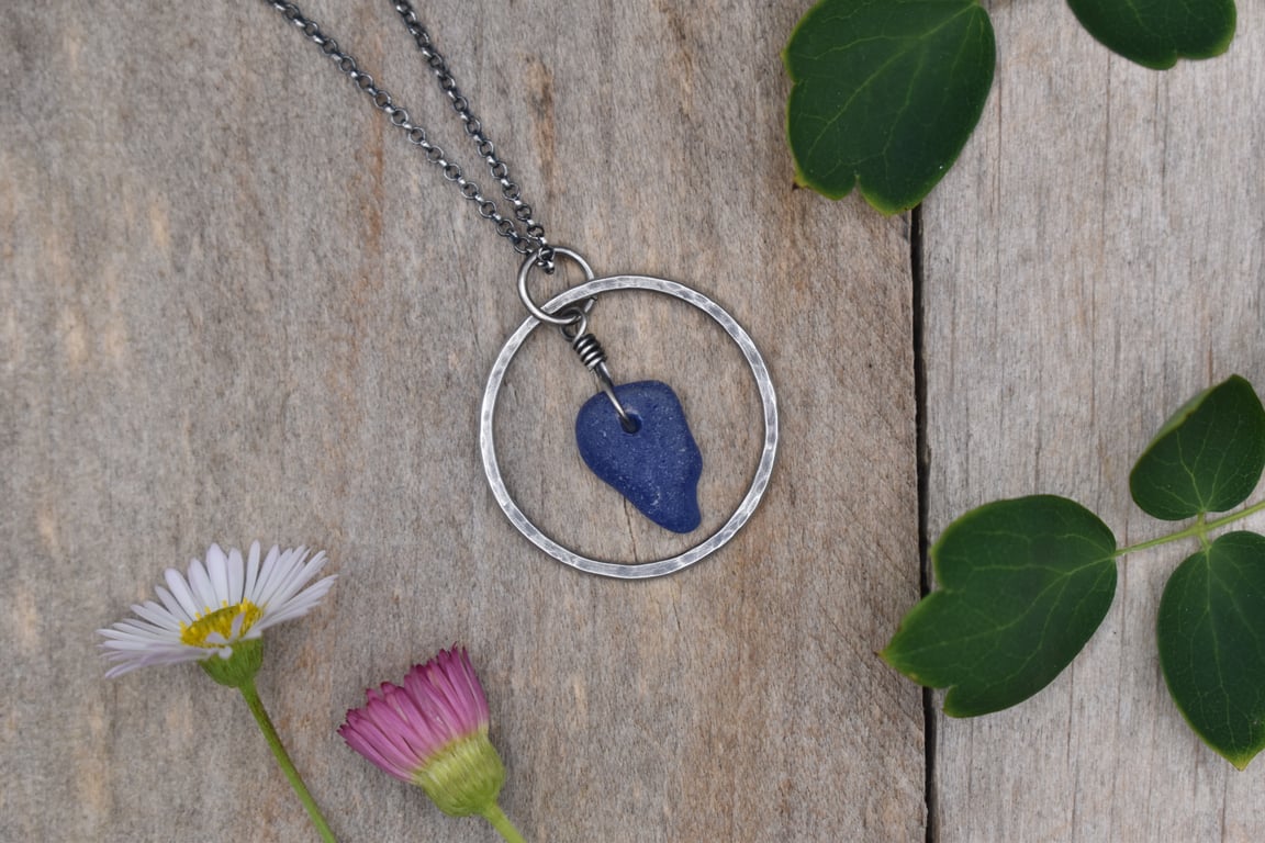Blue Scottish Sea Glass and Recycled Sterling Silver Necklace