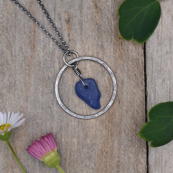 Blue Scottish Sea Glass and Recycled Sterling Silver Necklace