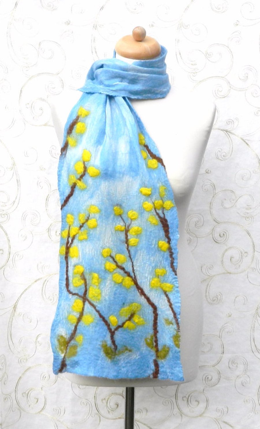 Yellow Spring Blossom Scarf Wrap Silk and Wool Felted Nuno Handmade Felt