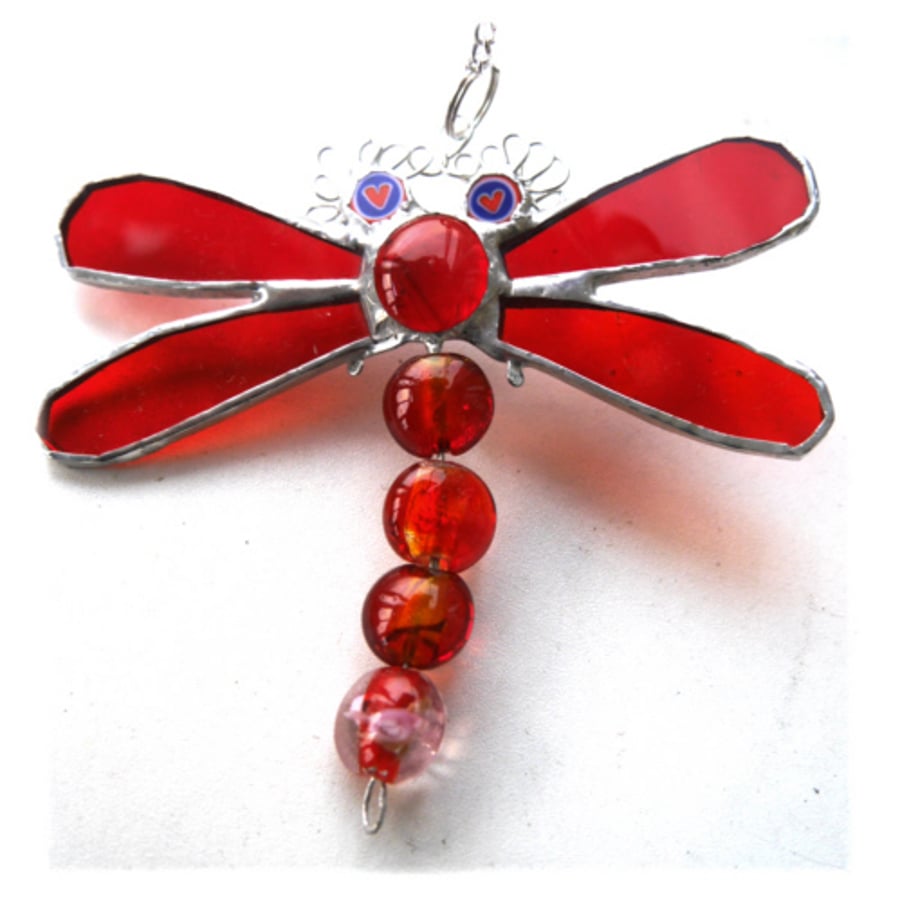 Dragonfly Suncatcher Stained Glass Red Bead-Tailed 043