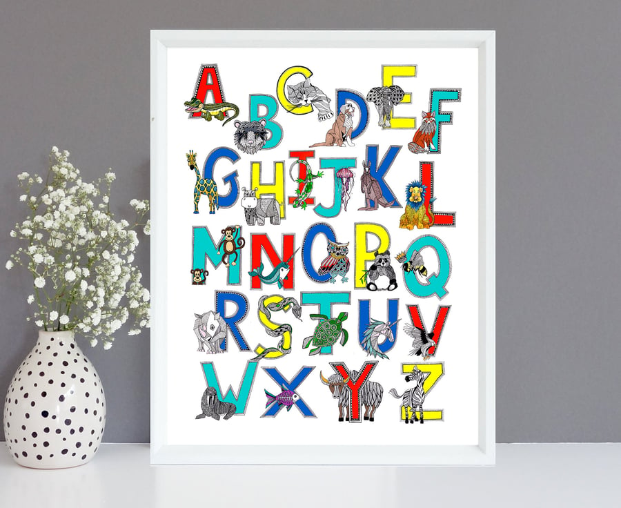 Illustrated Animal Alphabet Limited Edition Giclee Print 40x50cm- Nursery Art