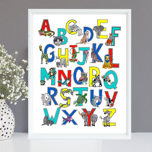 Illustrated Animal Alphabet Limited Edition Giclee Print 40x50cm- Nursery Art