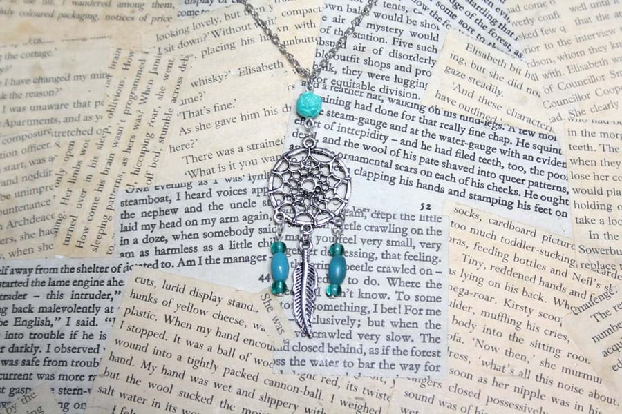 Dreamcatcher Feather Charm Turquoise Silver Necklace