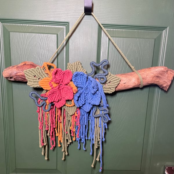 Macrame Wall Hanging with Handmade Flowers on Natural Driftwood