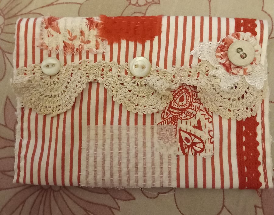 Red and white  and lace pouch 