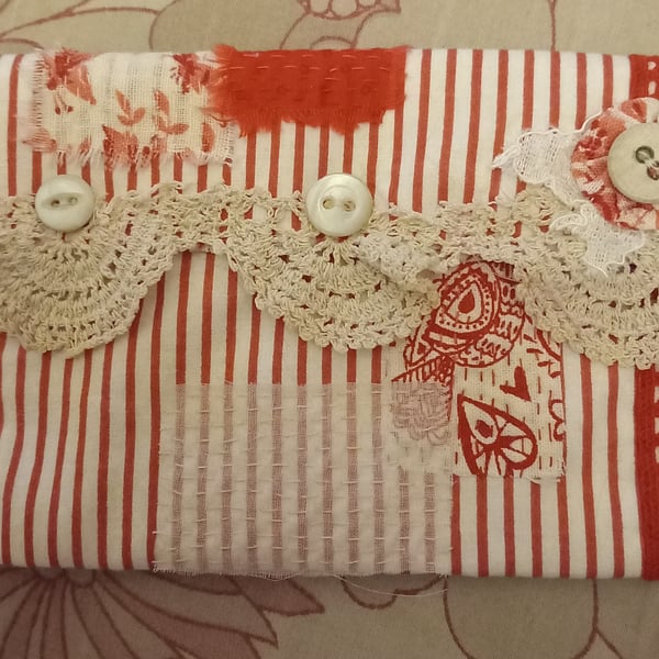 Red and white  and lace pouch 