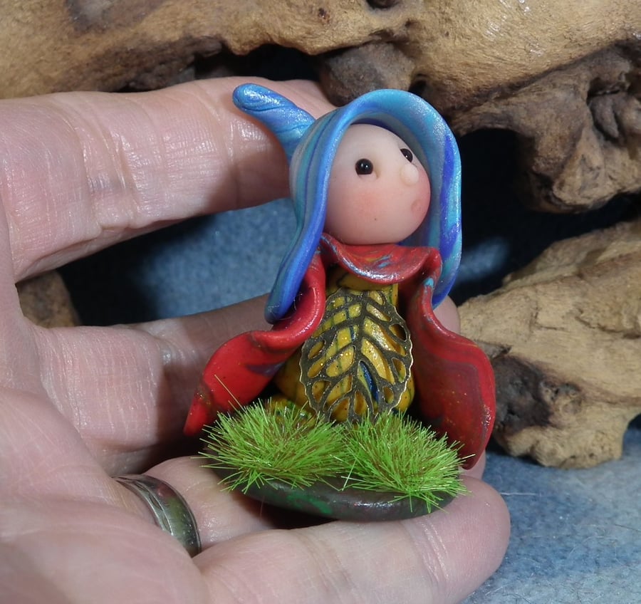 Tiny Meadow Gnome on grassy tableau OOAK Sculpt by Ann Galvin